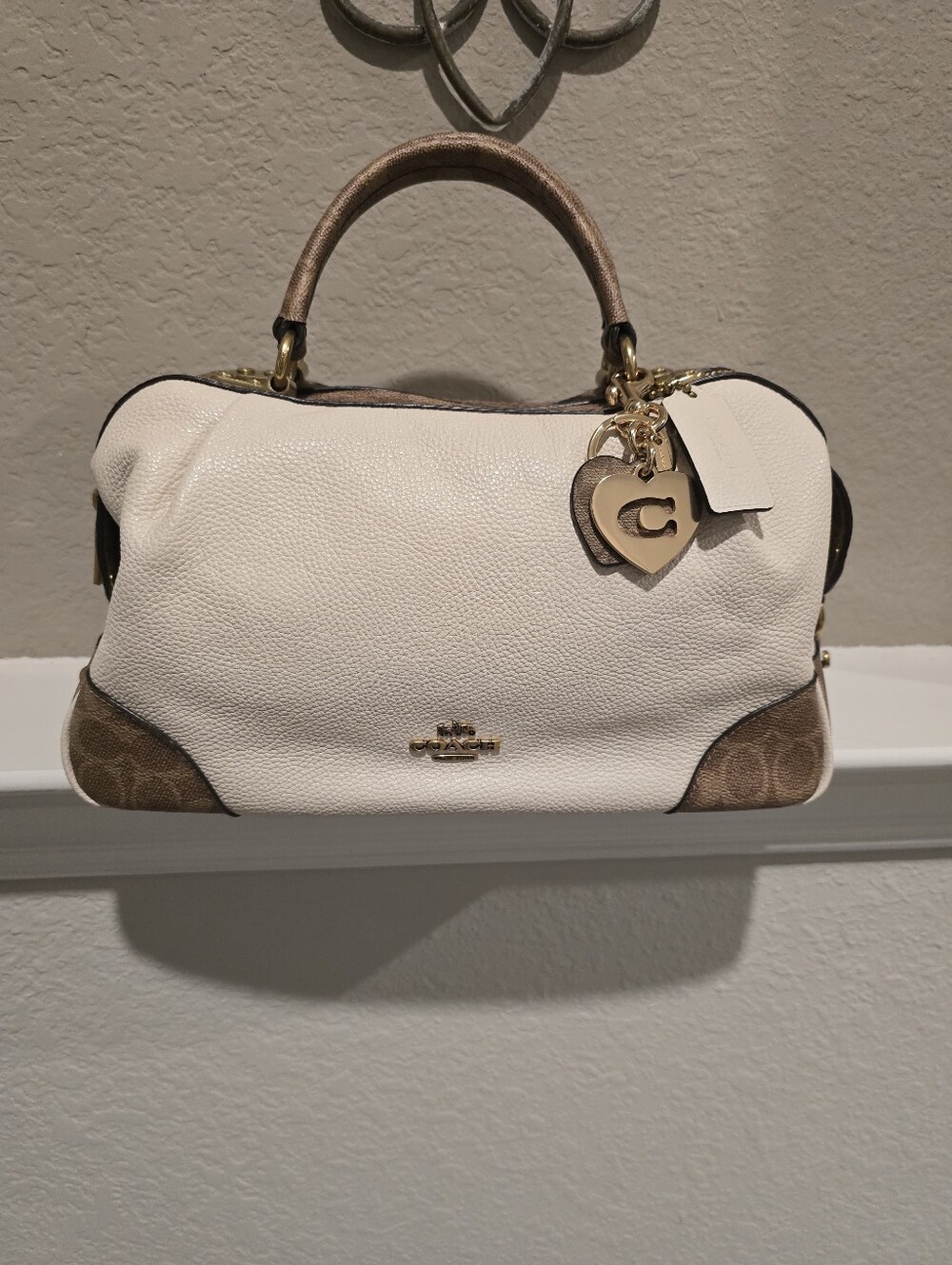 Coach Lane Chalk & Brown Leather Satchel with Heart Charm